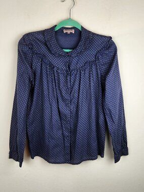 A.P.C. Madras Blue Polka Dot Ruffle Long Sleeve Button Up Blouse Shirt sz L